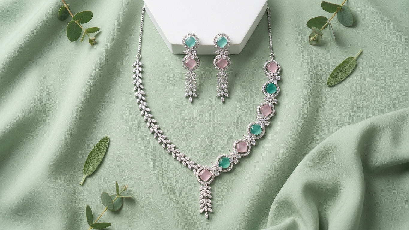 Silver-Plated Mint Green and Pink Stone AD Necklace with Earrings