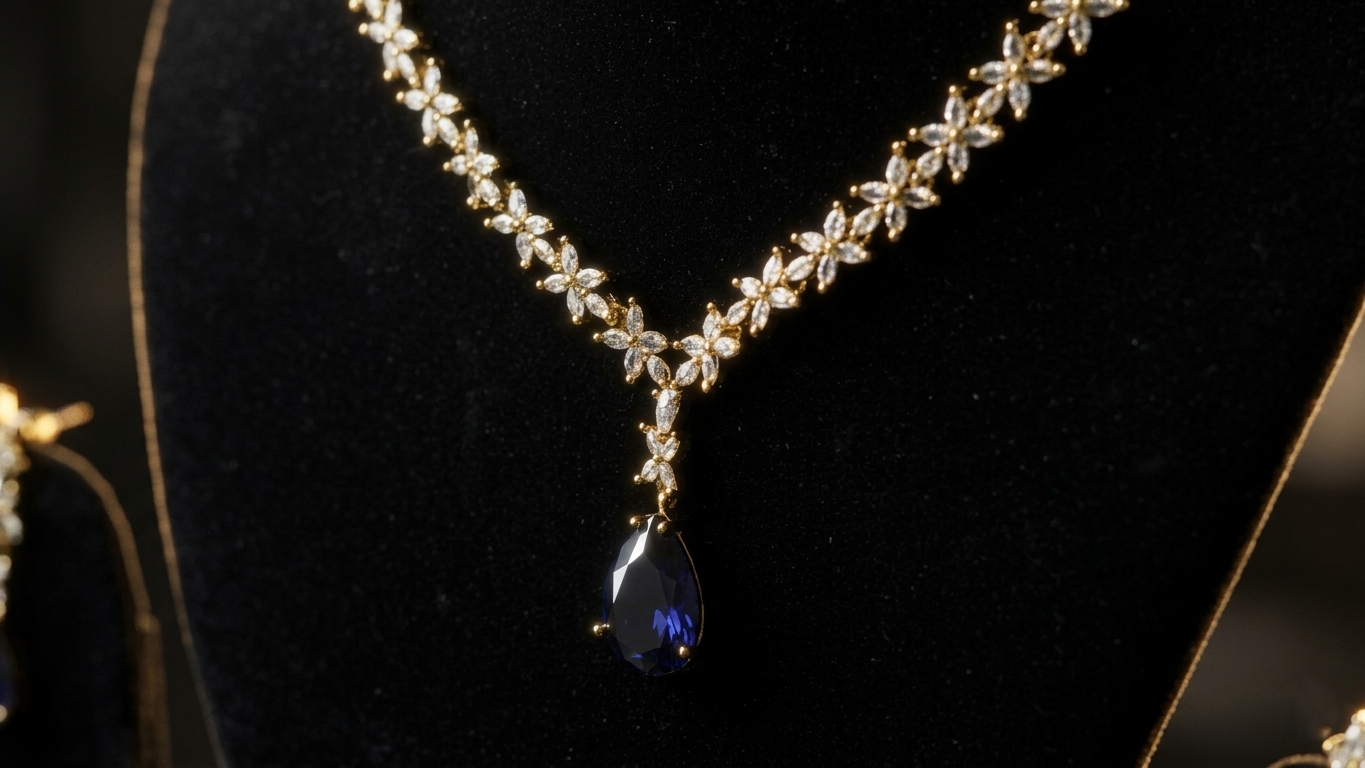 Gold-Plated Purple Teardrop AD Necklace with Matching Floral Earrings