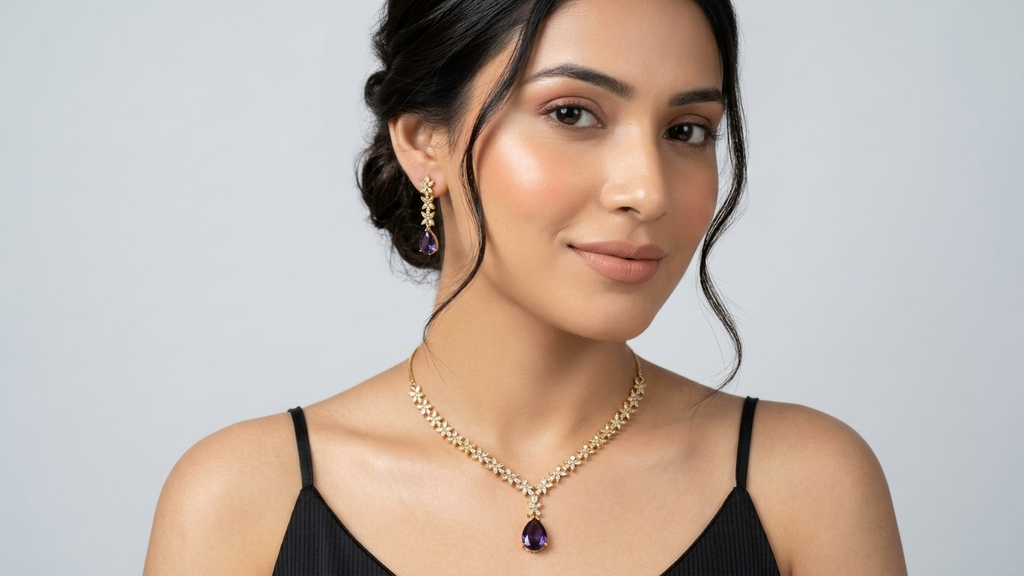 Gold-Plated Purple Teardrop AD Necklace with Matching Floral Earrings