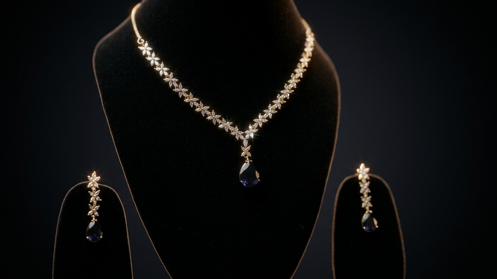 Gold-Plated Purple Teardrop AD Necklace with Matching Floral Earrings