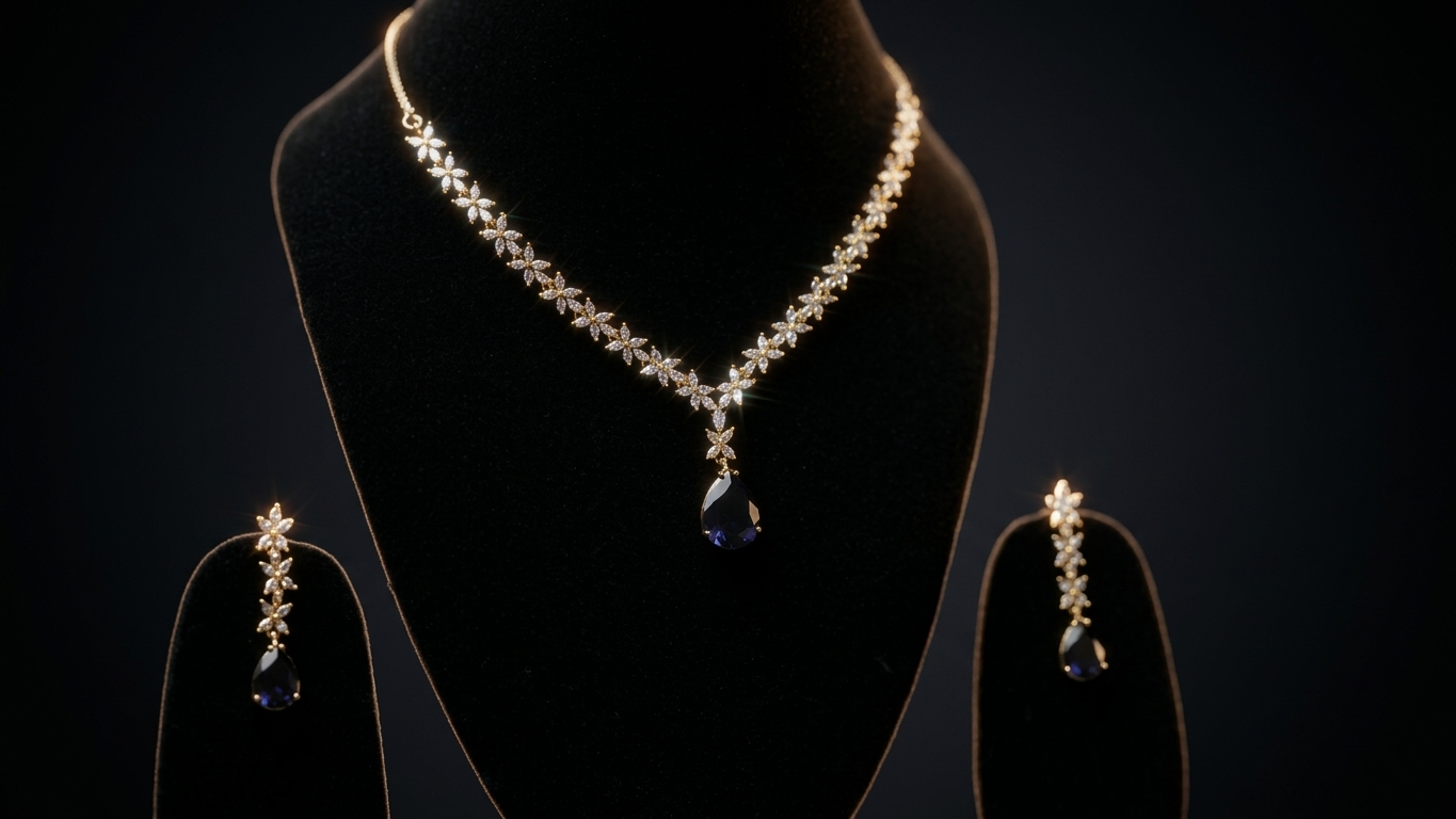 Gold-Plated Purple Teardrop AD Necklace with Matching Floral Earrings