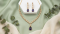 Gold-Plated Purple Teardrop AD Necklace with Matching Floral Earrings