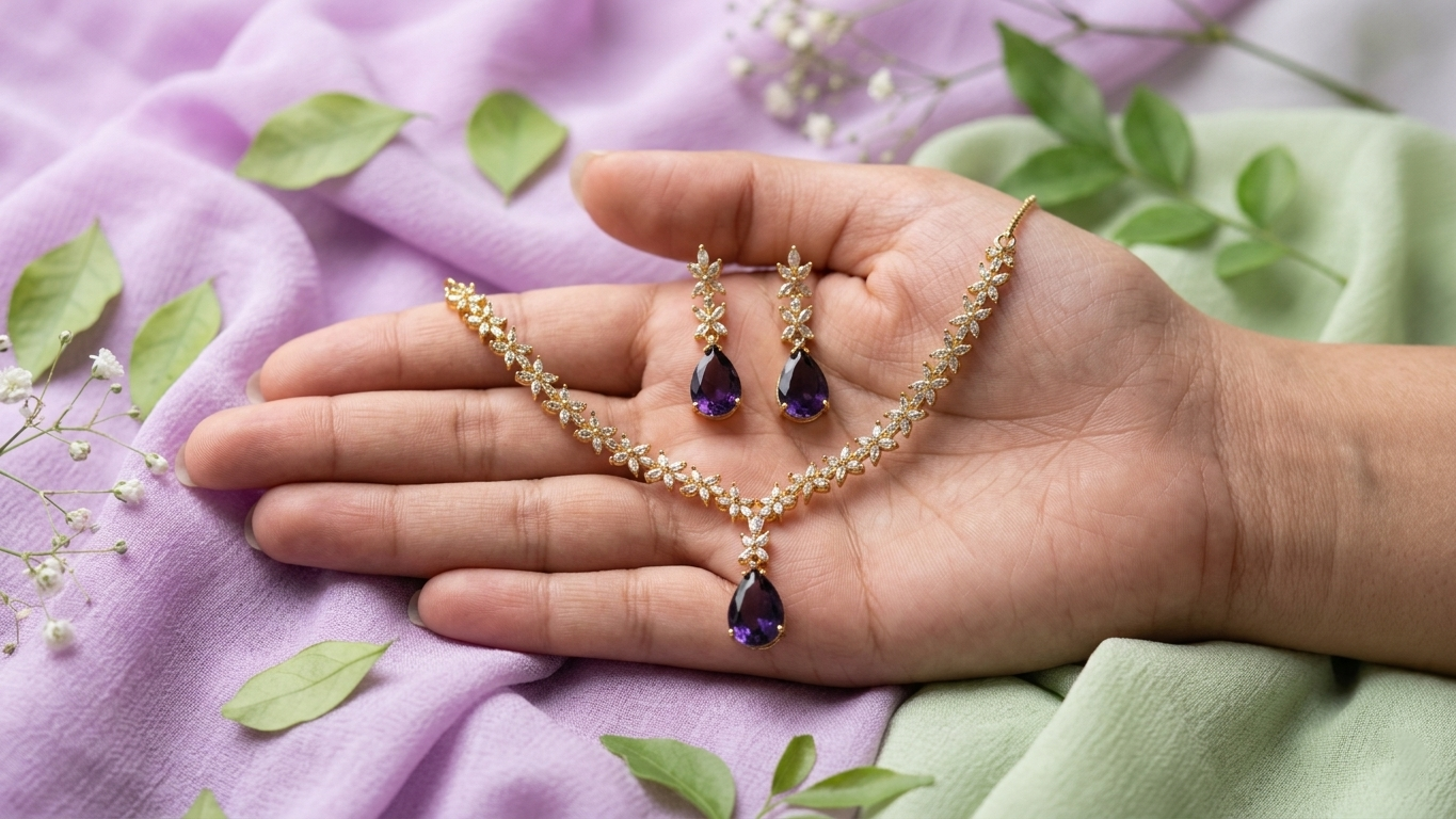 Gold-Plated Purple Teardrop AD Necklace with Matching Floral Earrings