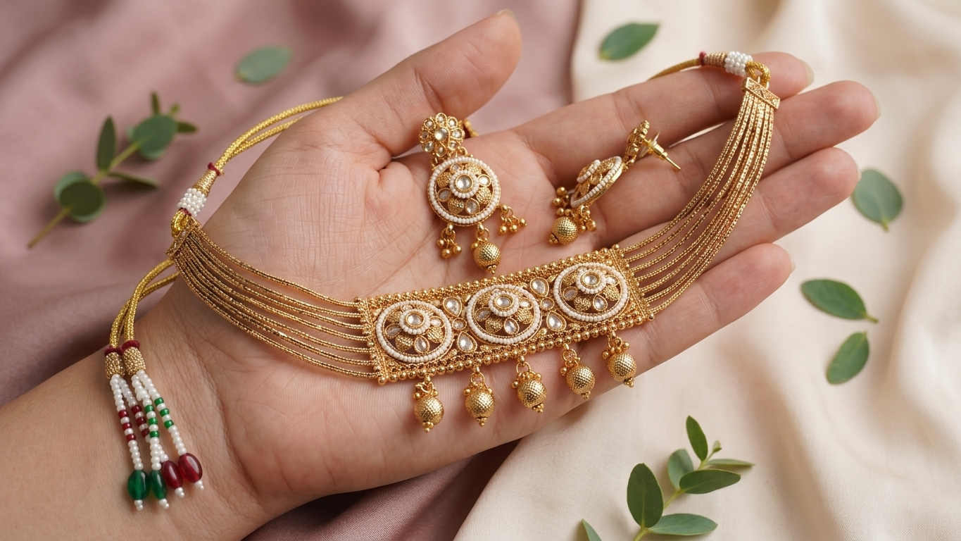 Traditional Antique Gold-Toned Multi-Strand Choker Set with Floral Centerpiece and Matching Jhumka-Style Earrings