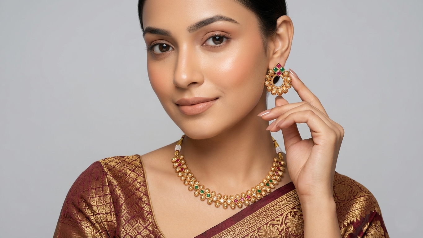 Exquisite Matte Gold-Plated Kemp Stone Necklace Set with Matching Floral Studs
