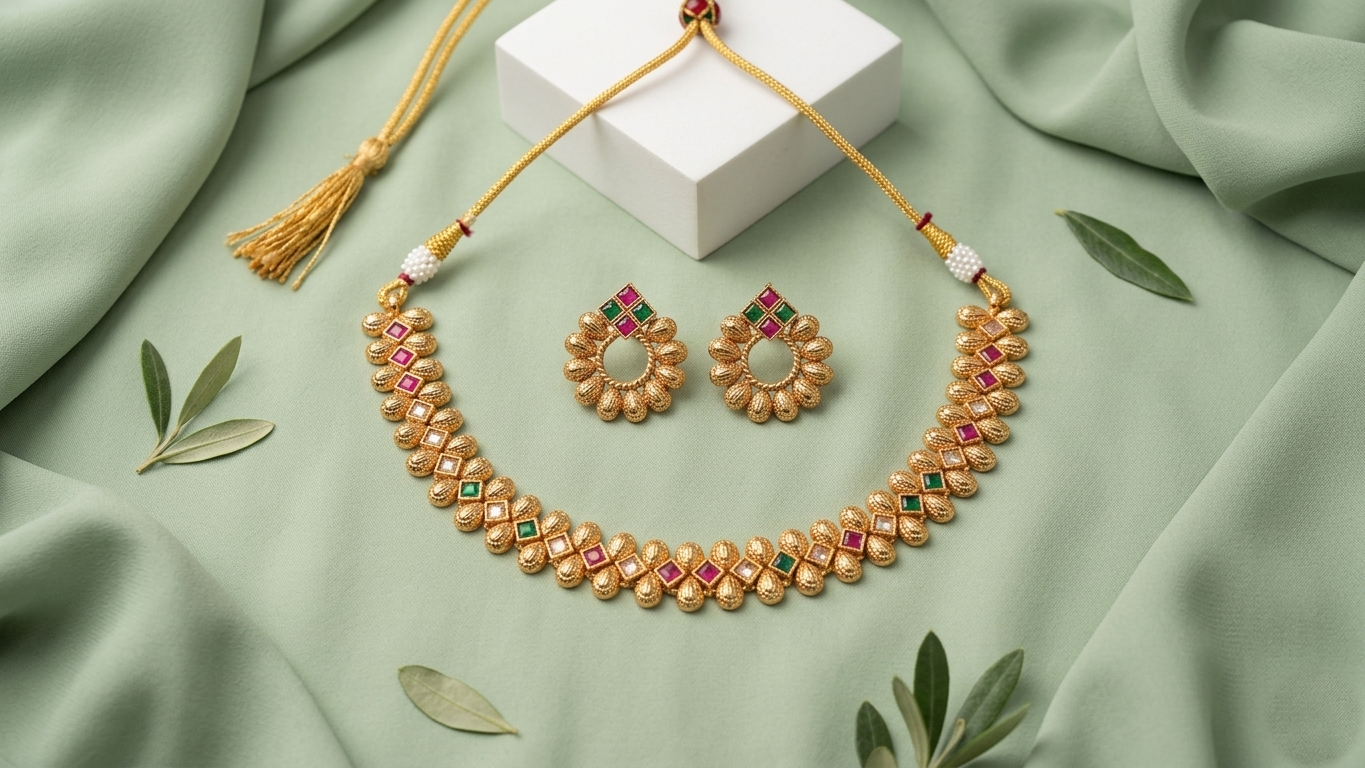 Exquisite Matte Gold-Plated Kemp Stone Necklace Set with Matching Floral Studs