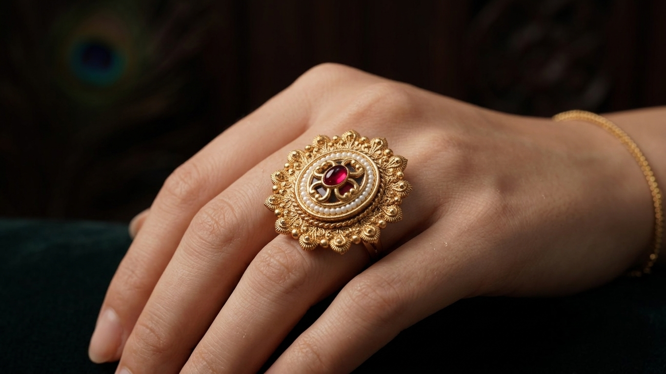 The Rajwada Sunburst: Ruby-Red & Seed Pearl Statement Ring