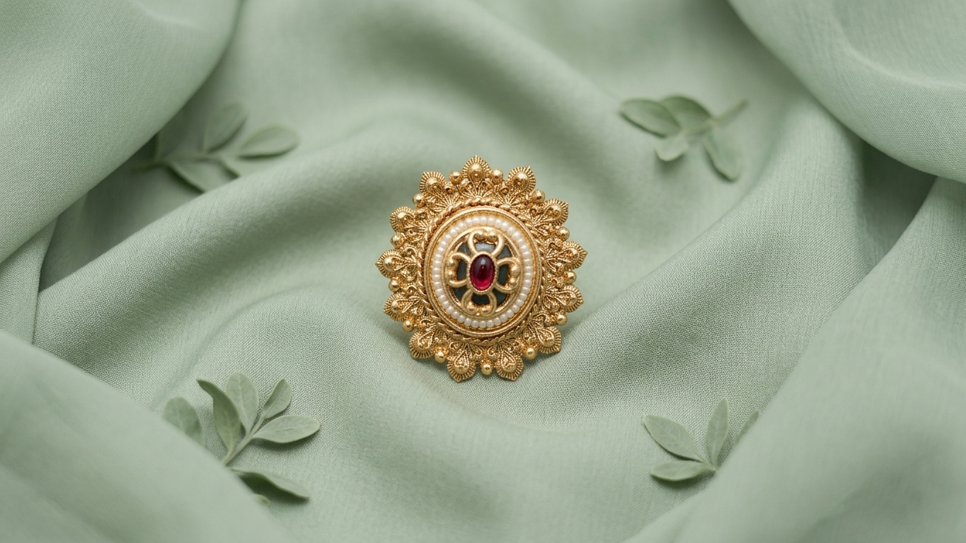 The Rajwada Sunburst: Ruby-Red & Seed Pearl Statement Ring