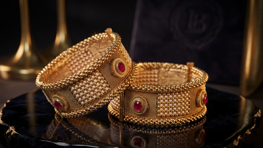 Antique Gold-Plated Mesh Bangles with Seed Pearls & Ruby Accents