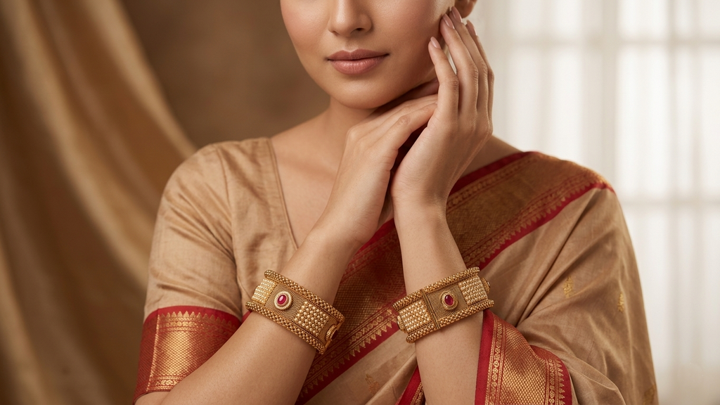 Antique Gold-Plated Mesh Bangles with Seed Pearls & Ruby Accents