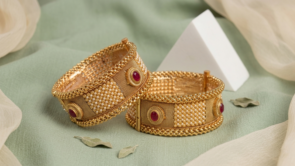 Antique Gold-Plated Mesh Bangles with Seed Pearls & Ruby Accents