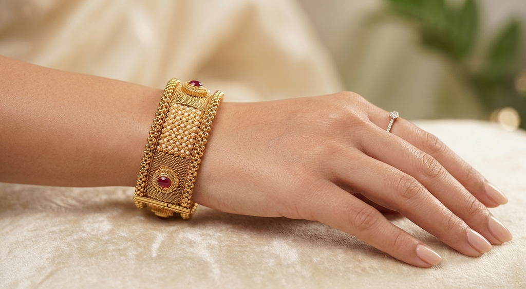 Antique Gold-Plated Mesh Bangles with Seed Pearls & Ruby Accents