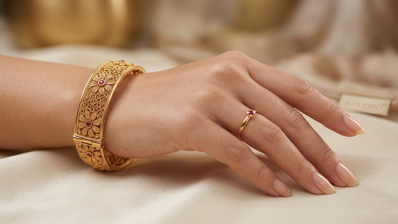 Gold-Plated Floral Filigree Bangles with Ruby Accents