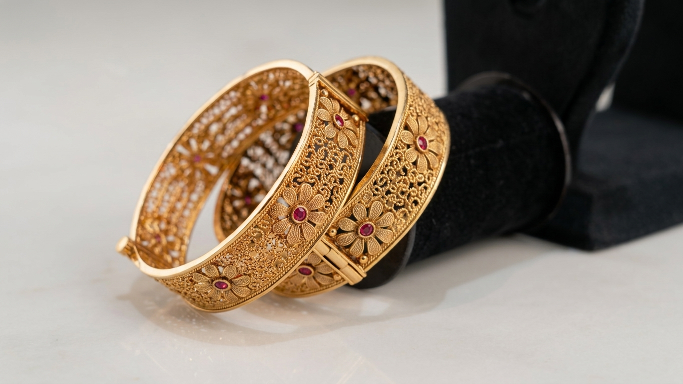 Gold-Plated Floral Filigree Bangles with Ruby Accents