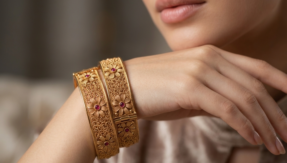 Gold-Plated Floral Filigree Bangles with Ruby Accents