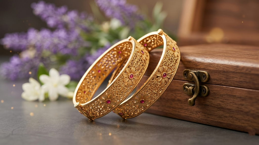 Gold-Plated Floral Filigree Bangles with Ruby Accents