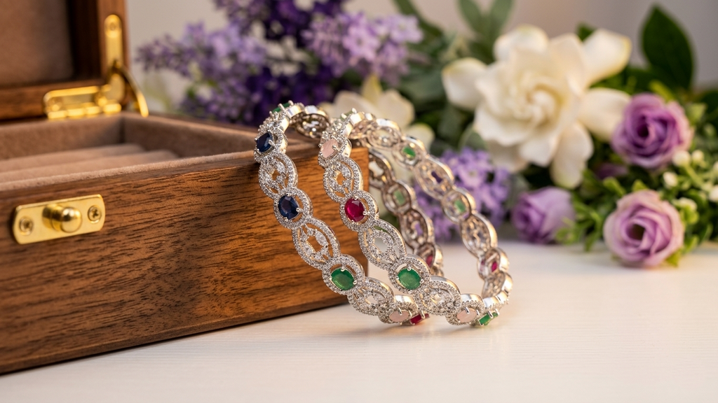 Sophisticated Silver-Toned Scalloped Kada Bangles with Multi-Color Ruby, Emerald, and Opal-Style Gemstones