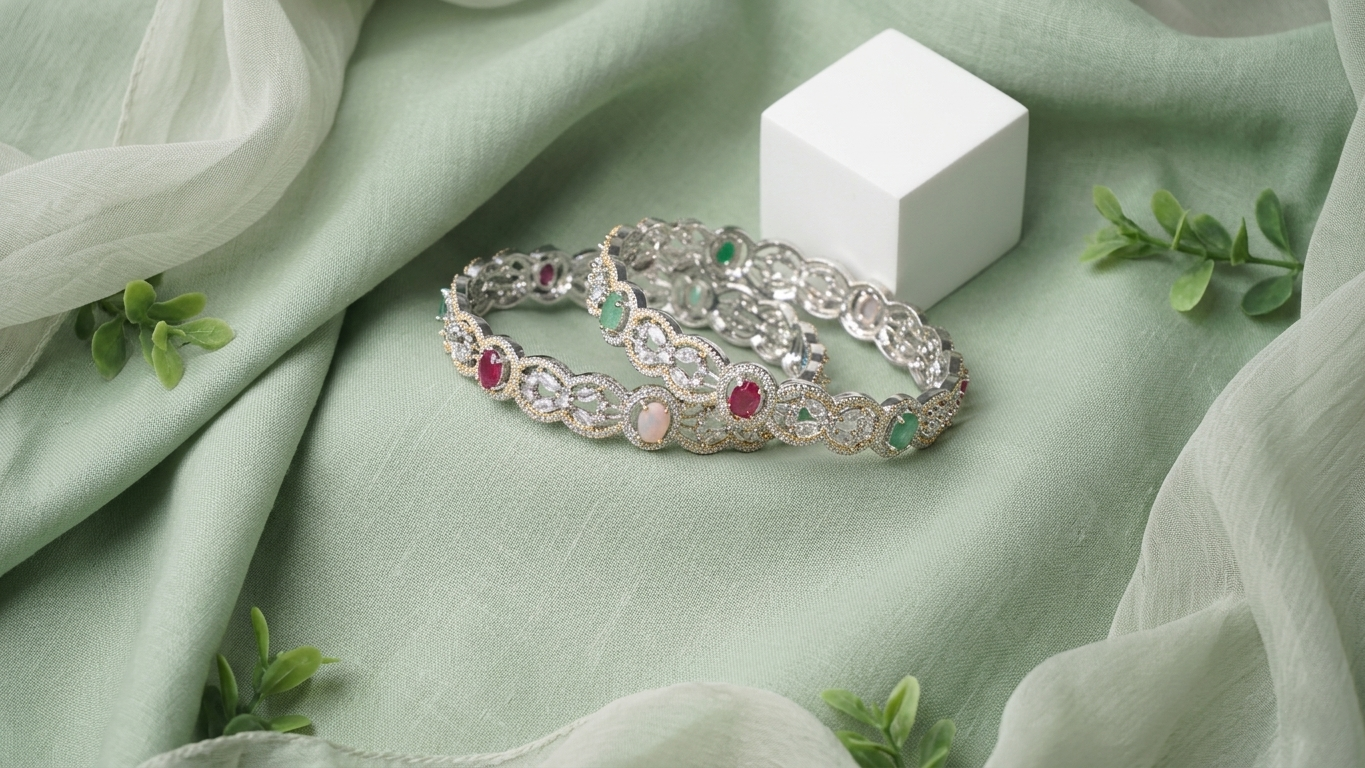 Sophisticated Silver-Toned Scalloped Kada Bangles with Multi-Color Ruby, Emerald, and Opal-Style Gemstones