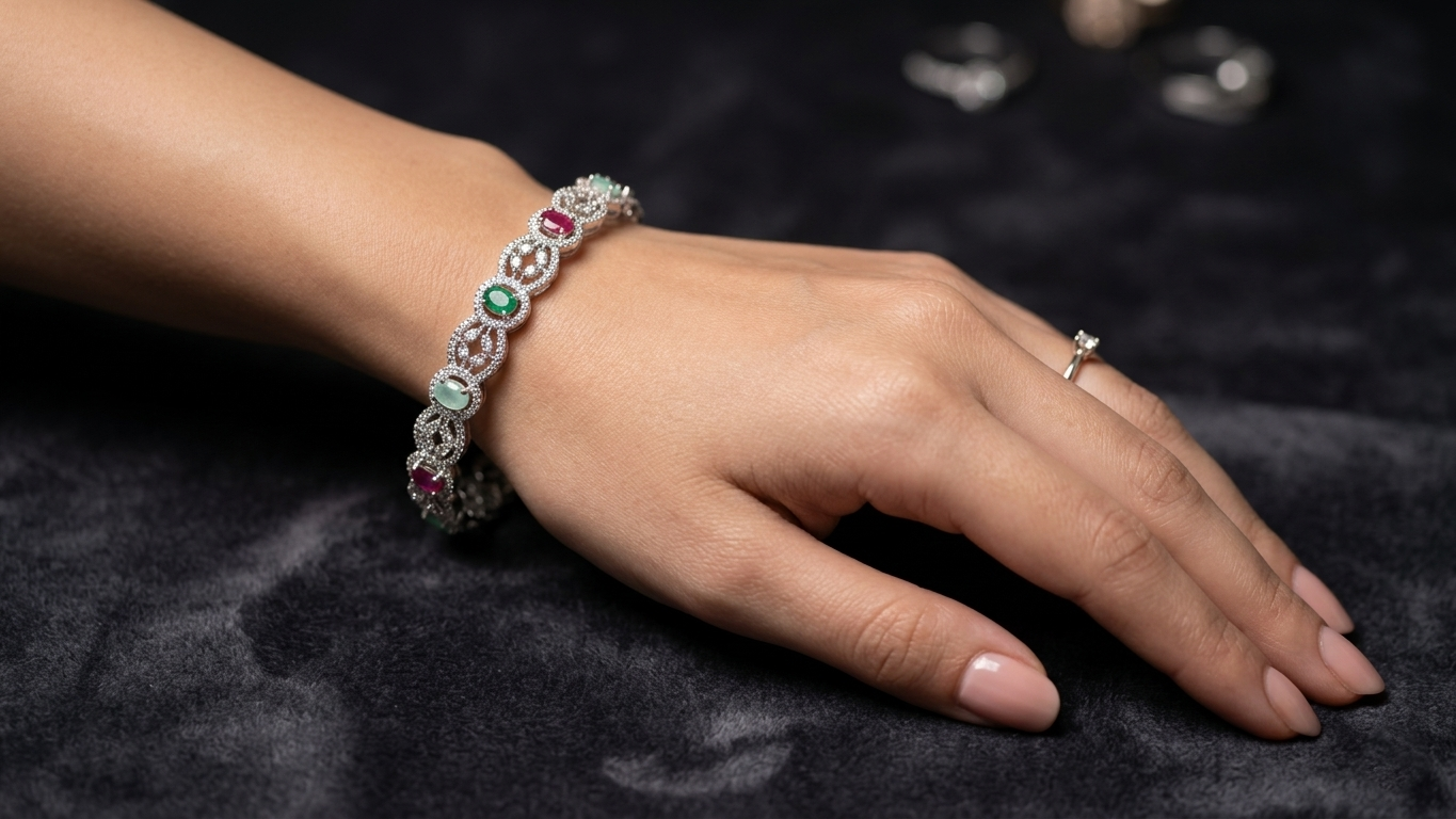 Sophisticated Silver-Toned Scalloped Kada Bangles with Multi-Color Ruby, Emerald, and Opal-Style Gemstones