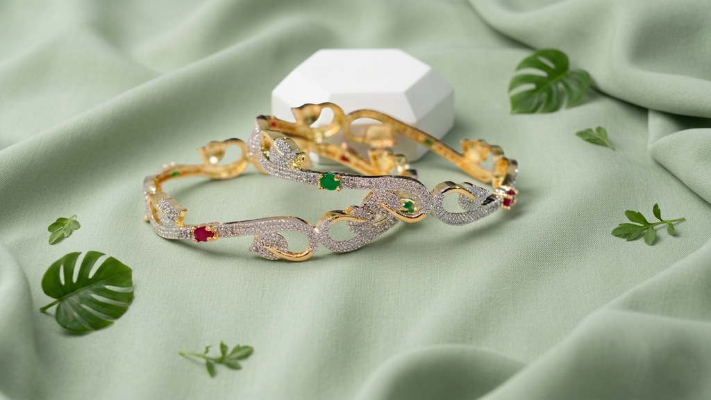 Designer Multi-Stone Wave-Design Kada (Set of 2)
