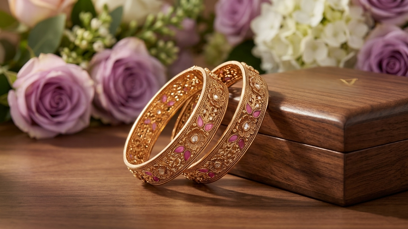 Elegant Gold-Toned Floral Kada Bangles with Vibrant Pink Accents and Intricate Filigree Work