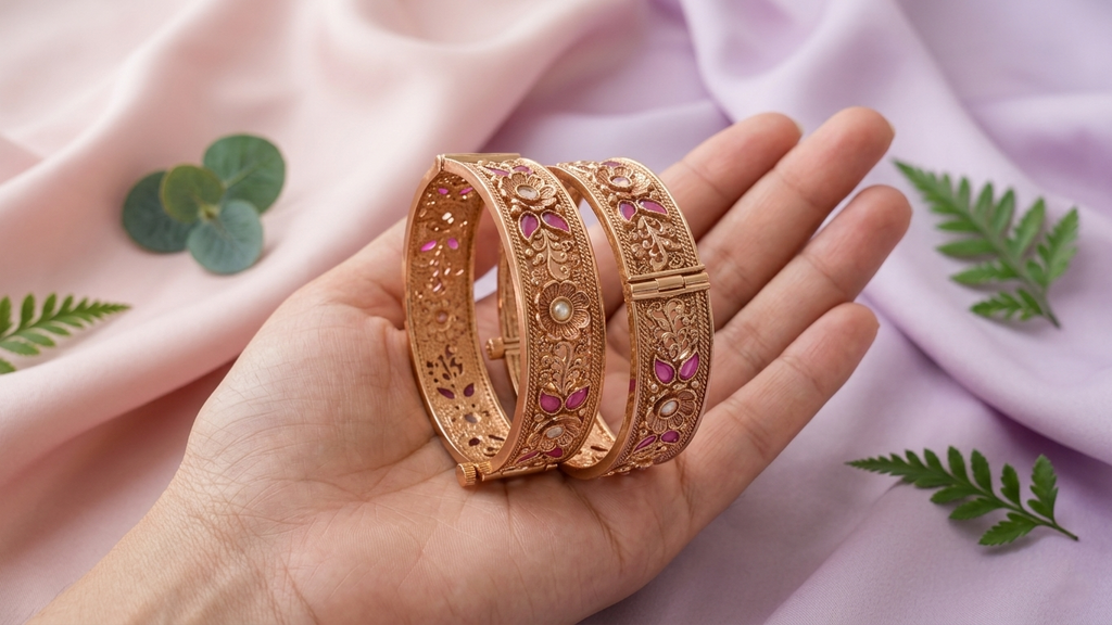 Elegant Gold-Toned Floral Kada Bangles with Vibrant Pink Accents and Intricate Filigree Work