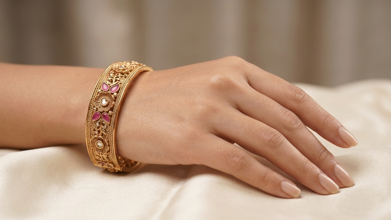 Elegant Gold-Toned Floral Kada Bangles with Vibrant Pink Accents and Intricate Filigree Work