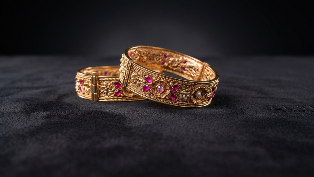 Elegant Gold-Toned Floral Kada Bangles with Vibrant Pink Accents and Intricate Filigree Work