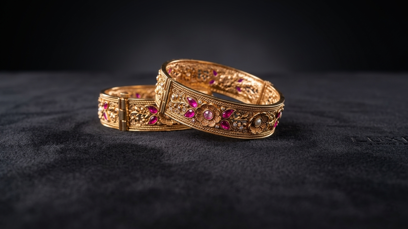 Elegant Gold-Toned Floral Kada Bangles with Vibrant Pink Accents and Intricate Filigree Work