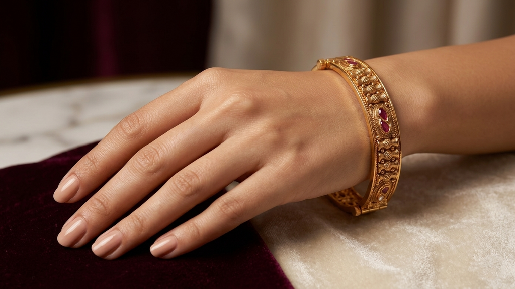 Traditional Gold-Toned Textured Kada Bangles with Vibrant Pink Gemstones and Secure Screw-Pin Closure