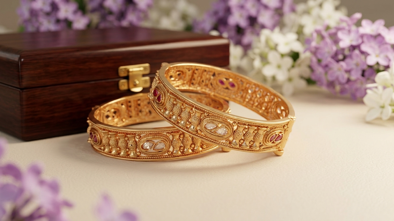 Traditional Gold-Toned Textured Kada Bangles with Vibrant Pink Gemstones and Secure Screw-Pin Closure