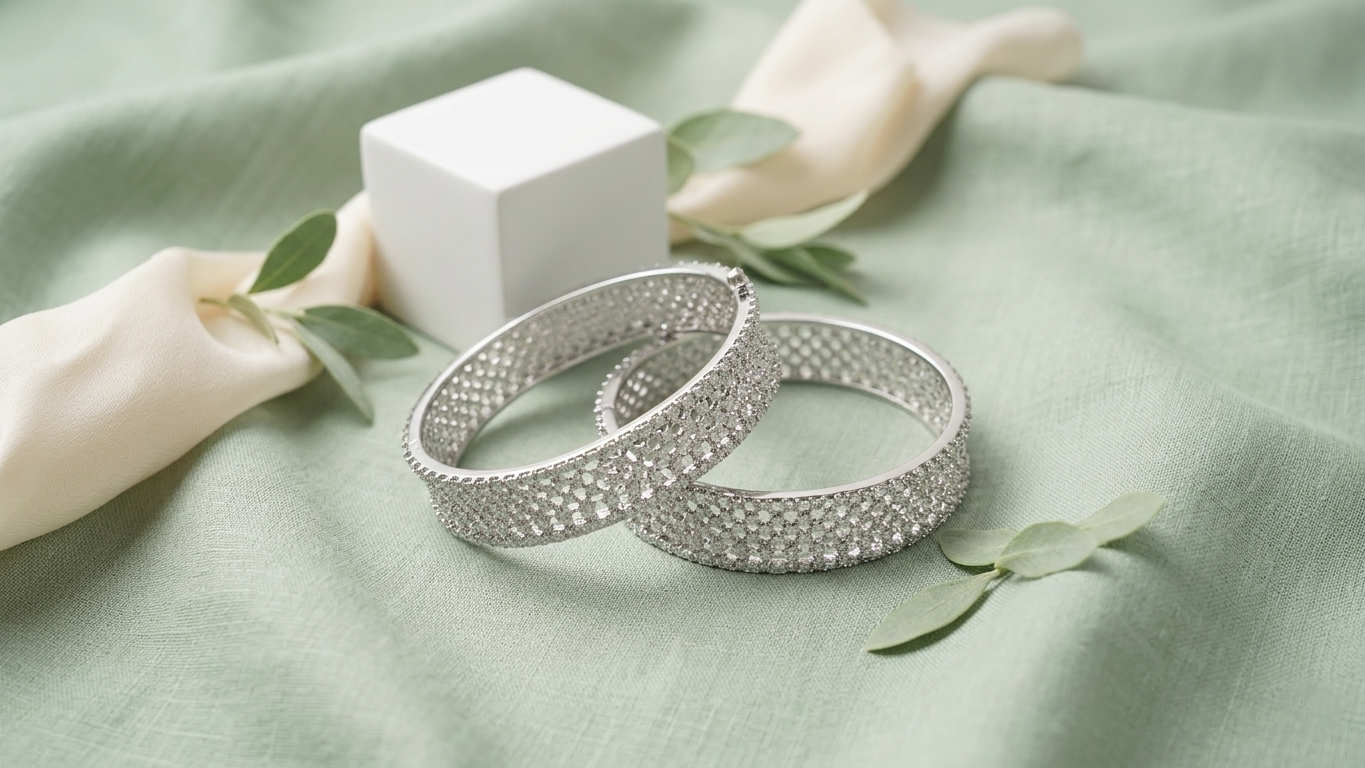 Dazzling Silver-Toned Honeycomb Lattice Kada Bangles Encrusted with Brilliant White Stones
