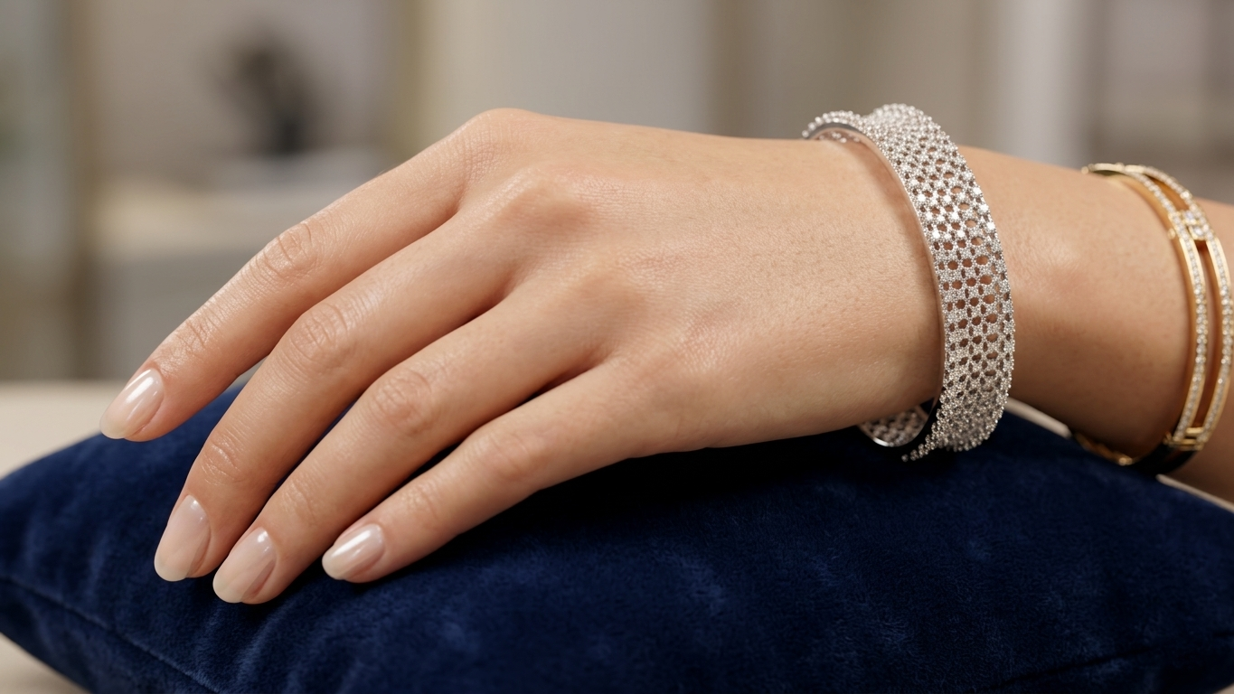 Dazzling Silver-Toned Honeycomb Lattice Kada Bangles Encrusted with Brilliant White Stones