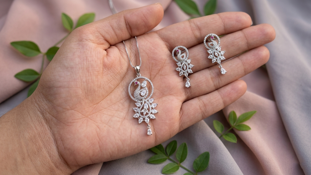 Elegant Silver-Toned Peacock Motif Pendant and Earring Set with Shimmering Stone Accents