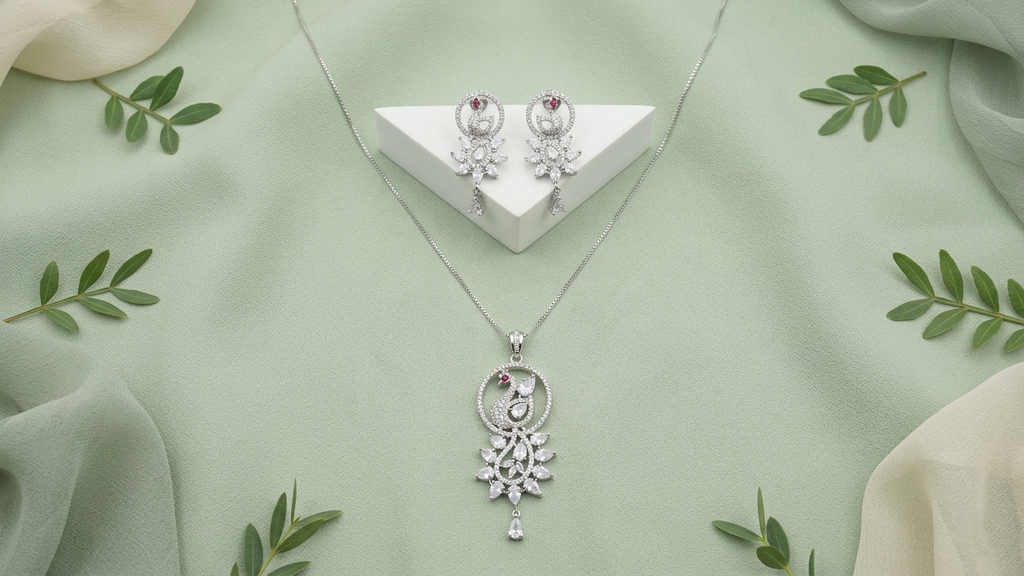 Elegant Silver-Toned Peacock Motif Pendant and Earring Set with Shimmering Stone Accents