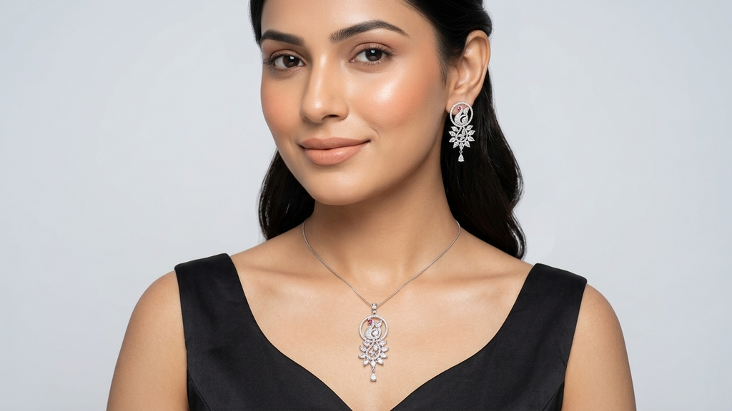 Elegant Silver-Toned Peacock Motif Pendant and Earring Set with Shimmering Stone Accents