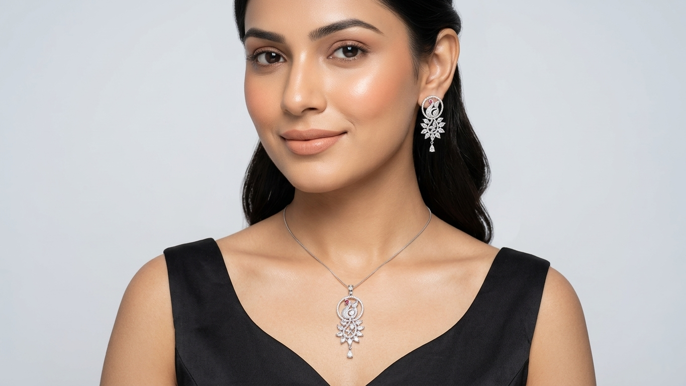 Elegant Silver-Toned Peacock Motif Pendant and Earring Set with Shimmering Stone Accents