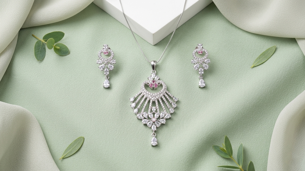 Exquisite Silver-Toned Floral Fan Pendant Set with Radiant Pink Accents and Matching Drop Earrings
