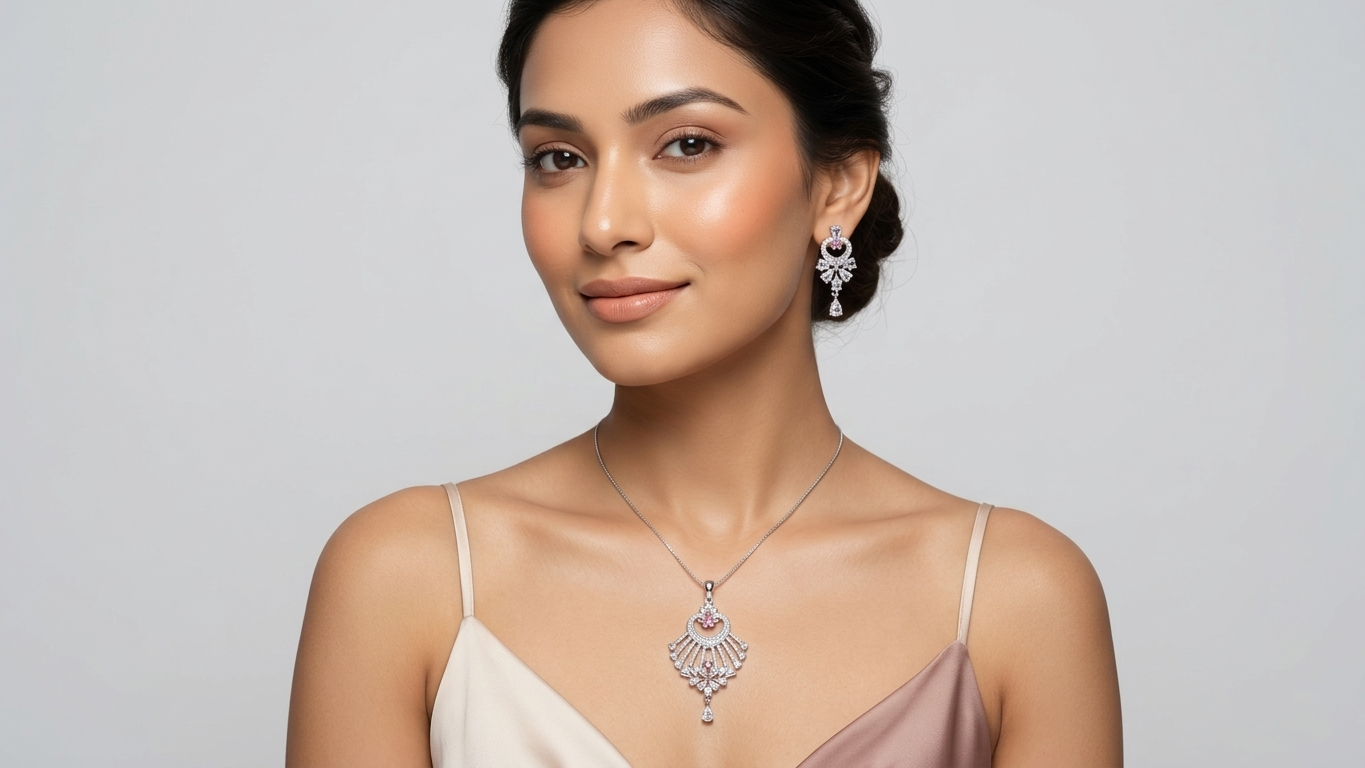 Exquisite Silver-Toned Floral Fan Pendant Set with Radiant Pink Accents and Matching Drop Earrings