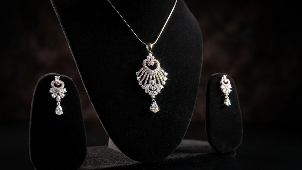Exquisite Silver-Toned Floral Fan Pendant Set with Radiant Pink Accents and Matching Drop Earrings