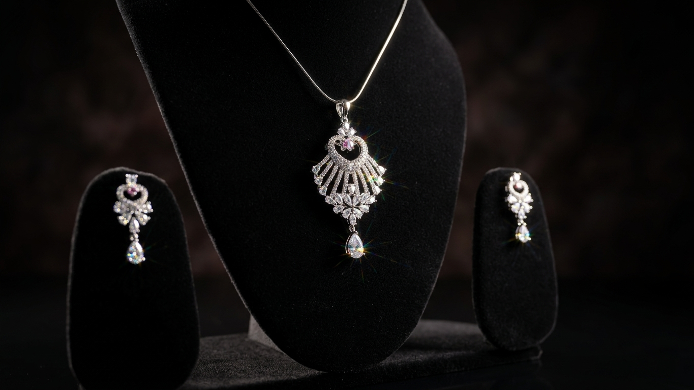 Exquisite Silver-Toned Floral Fan Pendant Set with Radiant Pink Accents and Matching Drop Earrings