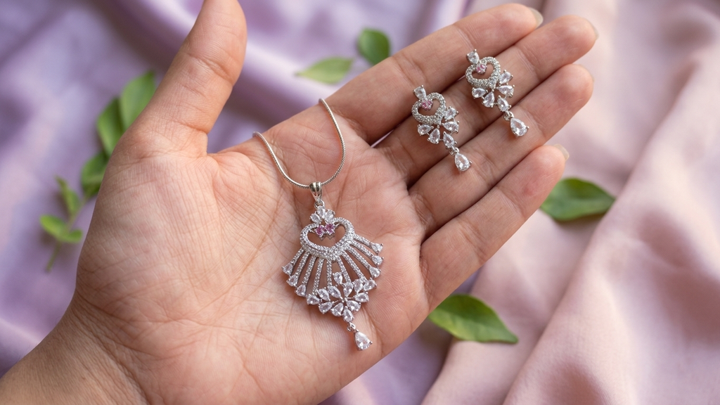 Exquisite Silver-Toned Floral Fan Pendant Set with Radiant Pink Accents and Matching Drop Earrings