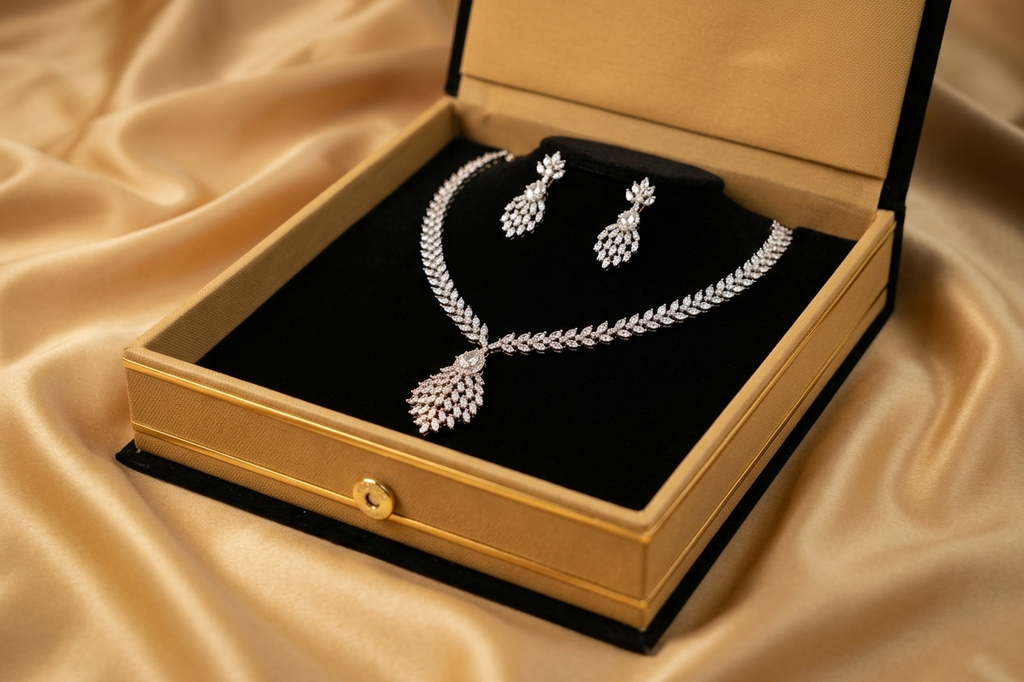 Dazzling Silver-Toned Marquise-Cut Leaf Pendant Necklace and Matching Chandelier Earring Set