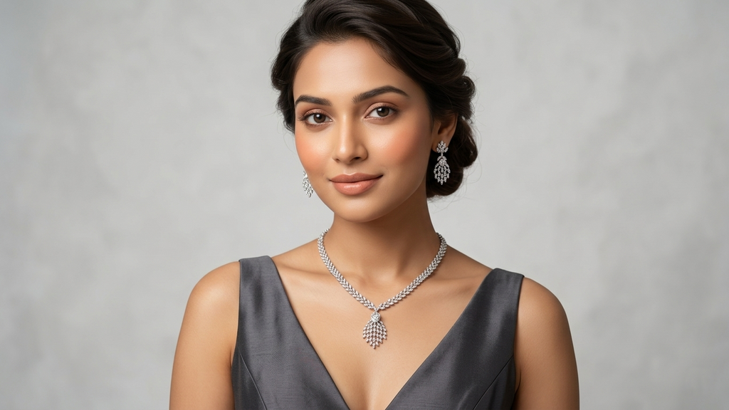 Dazzling Silver-Toned Marquise-Cut Leaf Pendant Necklace and Matching Chandelier Earring Set