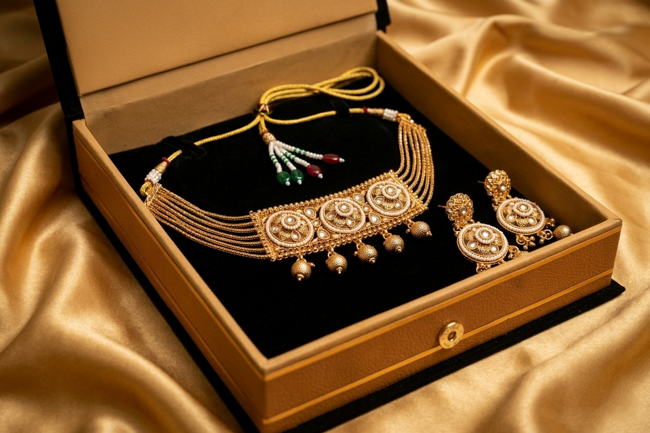 Traditional Antique Gold-Toned Multi-Strand Choker Set with Floral Centerpiece and Matching Jhumka-Style Earrings