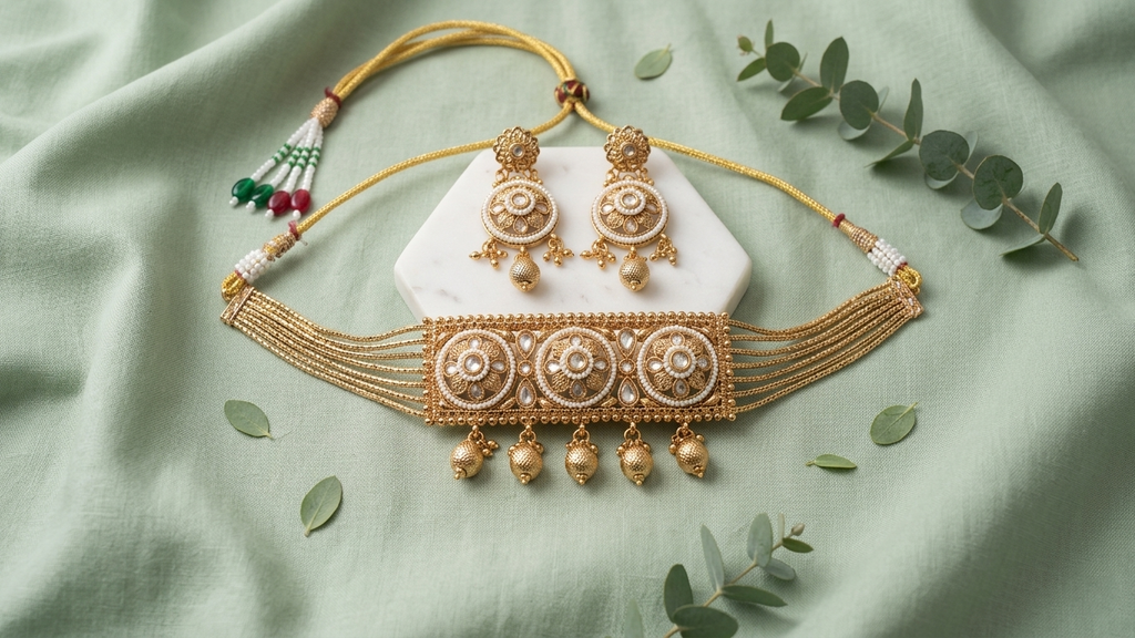 Traditional Antique Gold-Toned Multi-Strand Choker Set with Floral Centerpiece and Matching Jhumka-Style Earrings