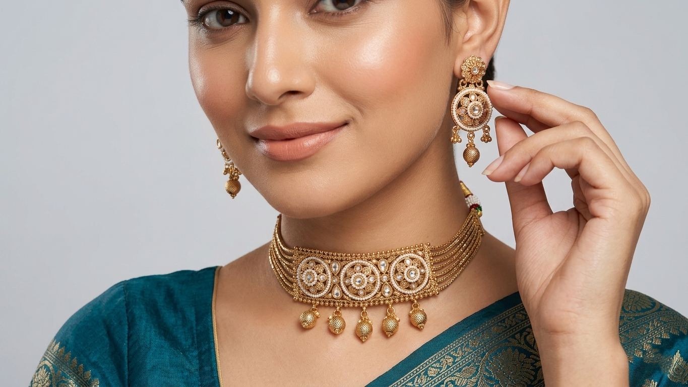 Traditional Antique Gold-Toned Multi-Strand Choker Set with Floral Centerpiece and Matching Jhumka-Style Earrings
