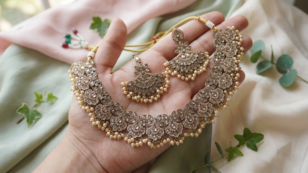 Antique Gold-Toned Floral Choker Set with Champagne Stone Accents, Matching Earrings, and Maang Tikka