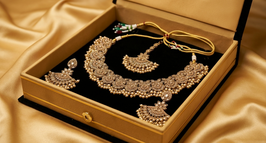 Antique Gold-Toned Floral Choker Set with Champagne Stone Accents, Matching Earrings, and Maang Tikka