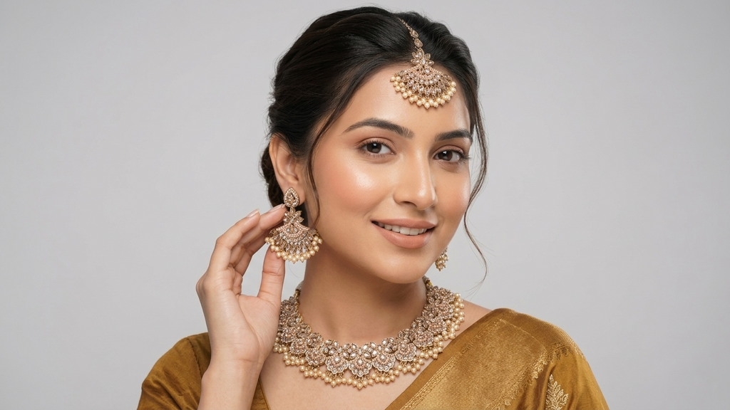 Antique Gold-Toned Floral Choker Set with Champagne Stone Accents, Matching Earrings, and Maang Tikka